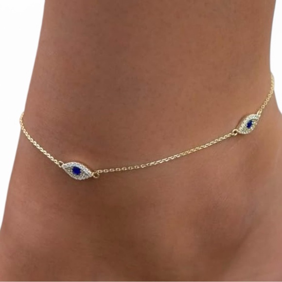 Gold Evil Eye Anklet (good luck!) With White & Blue Gems - Picture 3 of 4